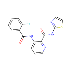 O=C(Nc1cccnc1C(=O)Nc1nccs1)c1ccccc1F ZINC000013521881