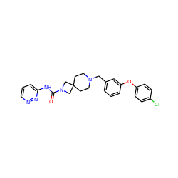 O=C(Nc1cccnn1)N1CC2(CCN(Cc3cccc(Oc4ccc(Cl)cc4)c3)CC2)C1 ZINC000103263342