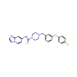 O=C(Nc1ccn2ccnc2c1)N1CCN(Cc2cccc(Oc3ccc(Cl)cc3)c2)CC1 ZINC000095563062