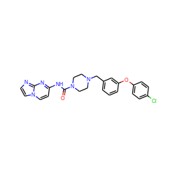 O=C(Nc1ccn2ccnc2n1)N1CCN(Cc2cccc(Oc3ccc(Cl)cc3)c2)CC1 ZINC000095558973