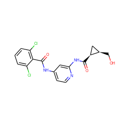 O=C(Nc1ccnc(NC(=O)[C@H]2C[C@H]2CO)c1)c1c(Cl)cccc1Cl ZINC000096928702