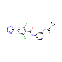 O=C(Nc1ccnc(NC(=O)C2CC2)c1)c1c(Cl)cc(-c2nc[nH]n2)cc1Cl ZINC000096922292