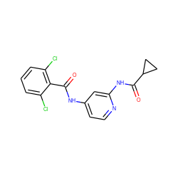 O=C(Nc1ccnc(NC(=O)C2CC2)c1)c1c(Cl)cccc1Cl ZINC000095920668