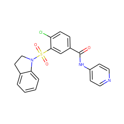 O=C(Nc1ccncc1)c1ccc(Cl)c(S(=O)(=O)N2CCc3ccccc32)c1 ZINC000024752272