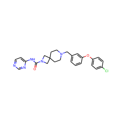 O=C(Nc1ccncn1)N1CC2(CCN(Cc3cccc(Oc4ccc(Cl)cc4)c3)CC2)C1 ZINC000103263345