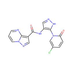 O=C(Nc1cn[nH]c1-n1cc(Cl)ccc1=O)c1cnn2cccnc12 ZINC000145215580