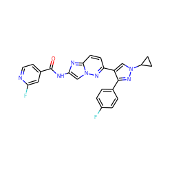 O=C(Nc1cn2nc(-c3cn(C4CC4)nc3-c3ccc(F)cc3)ccc2n1)c1ccnc(F)c1 ZINC001772634021