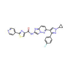 O=C(Nc1cn2nc(-c3cn(C4CC4)nc3-c3ccc(F)cc3)ccc2n1)c1csc(-c2ccncc2)n1 ZINC000220070252