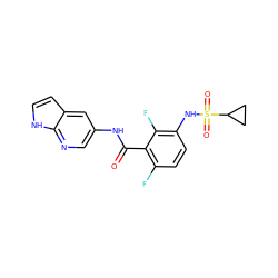 O=C(Nc1cnc2[nH]ccc2c1)c1c(F)ccc(NS(=O)(=O)C2CC2)c1F ZINC000043207318