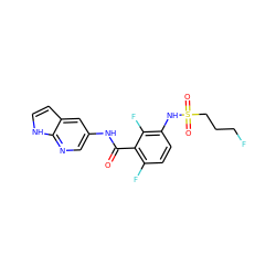 O=C(Nc1cnc2[nH]ccc2c1)c1c(F)ccc(NS(=O)(=O)CCCF)c1F ZINC000072177253