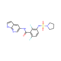 O=C(Nc1cnc2[nH]ccc2c1)c1c(F)ccc(NS(=O)(=O)N2CCCC2)c1F ZINC000043207320