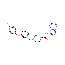 O=C(Nc1cnc2cccnn12)N1CCN(Cc2cccc(Oc3ccc(Cl)cc3)c2)CC1 ZINC000095564052