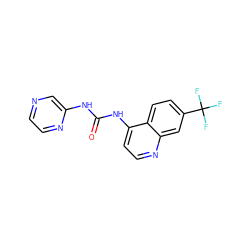 O=C(Nc1cnccn1)Nc1ccnc2cc(C(F)(F)F)ccc12 ZINC000043195059