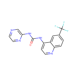 O=C(Nc1cnccn1)Nc1ccnc2ccc(C(F)(F)F)cc12 ZINC000043195058