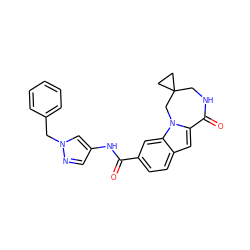 O=C(Nc1cnn(Cc2ccccc2)c1)c1ccc2cc3n(c2c1)CC1(CC1)CNC3=O ZINC000198645079