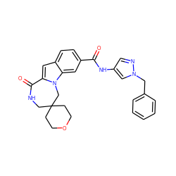 O=C(Nc1cnn(Cc2ccccc2)c1)c1ccc2cc3n(c2c1)CC1(CCOCC1)CNC3=O ZINC000147842770