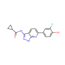 O=C(Nc1n[nH]c2nc(-c3ccc(O)c(Cl)c3)ccc12)C1CC1 ZINC000013538574