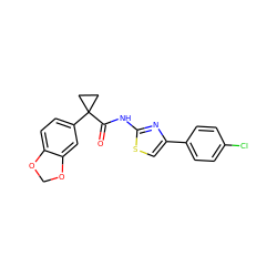 O=C(Nc1nc(-c2ccc(Cl)cc2)cs1)C1(c2ccc3c(c2)OCO3)CC1 ZINC000137111748