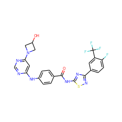 O=C(Nc1nc(-c2ccc(F)c(C(F)(F)F)c2)ns1)c1ccc(Nc2cc(N3CC(O)C3)ncn2)cc1 ZINC000028953218