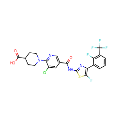 O=C(Nc1nc(-c2cccc(C(F)(F)F)c2F)c(F)s1)c1cnc(N2CCC(C(=O)O)CC2)c(Cl)c1 ZINC000053296292