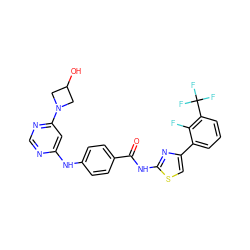 O=C(Nc1nc(-c2cccc(C(F)(F)F)c2F)cs1)c1ccc(Nc2cc(N3CC(O)C3)ncn2)cc1 ZINC000028952856