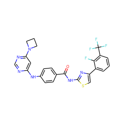 O=C(Nc1nc(-c2cccc(C(F)(F)F)c2F)cs1)c1ccc(Nc2cc(N3CCC3)ncn2)cc1 ZINC000028952854