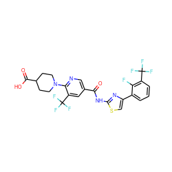 O=C(Nc1nc(-c2cccc(C(F)(F)F)c2F)cs1)c1cnc(N2CCC(C(=O)O)CC2)c(C(F)(F)F)c1 ZINC000044387372