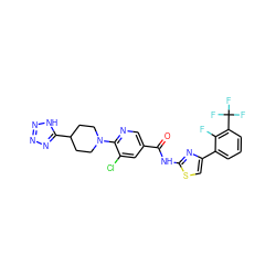 O=C(Nc1nc(-c2cccc(C(F)(F)F)c2F)cs1)c1cnc(N2CCC(c3nnn[nH]3)CC2)c(Cl)c1 ZINC000042877694