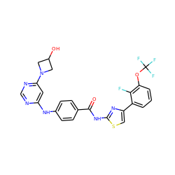 O=C(Nc1nc(-c2cccc(OC(F)(F)F)c2F)cs1)c1ccc(Nc2cc(N3CC(O)C3)ncn2)cc1 ZINC000028952858