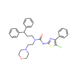 O=C(Nc1nc(-c2ccccc2)c(Cl)s1)N(CCC(c1ccccc1)c1ccccc1)CCN1CCOCC1 ZINC000103253804