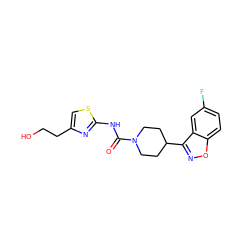 O=C(Nc1nc(CCO)cs1)N1CCC(c2noc3ccc(F)cc23)CC1 ZINC000218632757