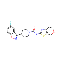 O=C(Nc1nc2c(s1)COCC2)N1CCC(c2noc3ccc(F)cc23)CC1 ZINC000218630811