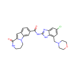 O=C(Nc1nc2cc(Cl)cc(CN3CCOCC3)c2[nH]1)c1ccc2cc3n(c2c1)CCCNC3=O ZINC000147840758