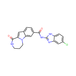 O=C(Nc1nc2cc(Cl)ccc2[nH]1)c1ccc2cc3n(c2c1)CCCNC3=O ZINC000117694339