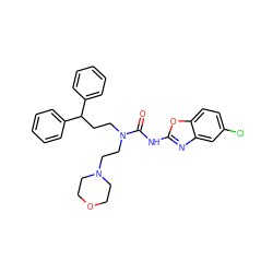 O=C(Nc1nc2cc(Cl)ccc2o1)N(CCC(c1ccccc1)c1ccccc1)CCN1CCOCC1 ZINC000096258273