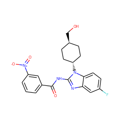 O=C(Nc1nc2cc(F)ccc2n1[C@H]1CC[C@H](CO)CC1)c1cccc([N+](=O)[O-])c1 ZINC000653755717