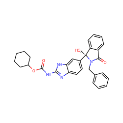 O=C(Nc1nc2ccc([C@@]3(O)c4ccccc4C(=O)N3Cc3ccccc3)cc2[nH]1)OC1CCCCC1 ZINC000223375344