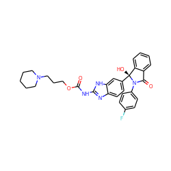 O=C(Nc1nc2ccc([C@]3(O)c4ccccc4C(=O)N3c3ccc(F)cc3)cc2[nH]1)OCCCN1CCCCC1 ZINC000117124238