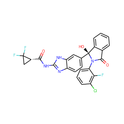 O=C(Nc1nc2ccc([C@]3(O)c4ccccc4C(=O)N3c3cccc(Cl)c3F)cc2[nH]1)[C@@H]1CC1(F)F ZINC000116258390