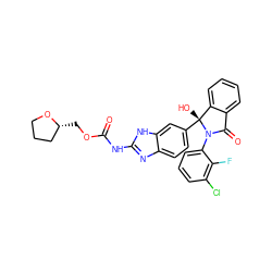 O=C(Nc1nc2ccc([C@]3(O)c4ccccc4C(=O)N3c3cccc(Cl)c3F)cc2[nH]1)OC[C@@H]1CCCO1 ZINC000117127889