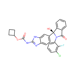 O=C(Nc1nc2ccc([C@]3(O)c4ccccc4C(=O)N3c3cccc(Cl)c3F)cc2[nH]1)OC1CCC1 ZINC000226252171