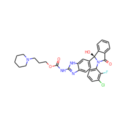 O=C(Nc1nc2ccc([C@]3(O)c4ccccc4C(=O)N3c3cccc(Cl)c3F)cc2[nH]1)OCCCN1CCCCC1 ZINC000117133701