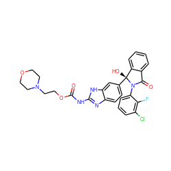 O=C(Nc1nc2ccc([C@]3(O)c4ccccc4C(=O)N3c3cccc(Cl)c3F)cc2[nH]1)OCCN1CCOCC1 ZINC000117137836