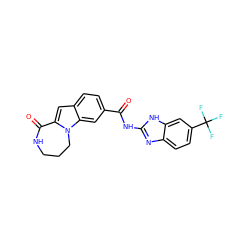 O=C(Nc1nc2ccc(C(F)(F)F)cc2[nH]1)c1ccc2cc3n(c2c1)CCCNC3=O ZINC000218228455