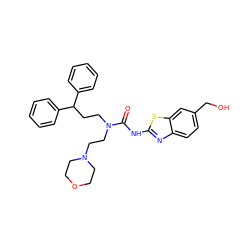 O=C(Nc1nc2ccc(CO)cc2s1)N(CCC(c1ccccc1)c1ccccc1)CCN1CCOCC1 ZINC000096258262