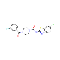 O=C(Nc1nc2ccc(Cl)cc2s1)N1CCN(C(=O)c2cccc(F)c2)CC1 ZINC000112969296