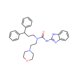 O=C(Nc1nc2ccccc2[nH]1)N(CCC(c1ccccc1)c1ccccc1)CCN1CCOCC1 ZINC000096258225