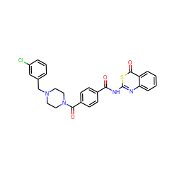 O=C(Nc1nc2ccccc2c(=O)s1)c1ccc(C(=O)N2CCN(Cc3cccc(Cl)c3)CC2)cc1 ZINC000096905749