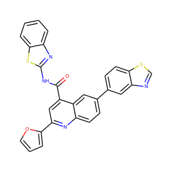 O=C(Nc1nc2ccccc2s1)c1cc(-c2ccco2)nc2ccc(-c3ccc4scnc4c3)cc12 ZINC000150124122