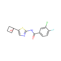 O=C(Nc1ncc(C2(O)CCC2)s1)c1ccc(F)c(Cl)c1 ZINC000143322297